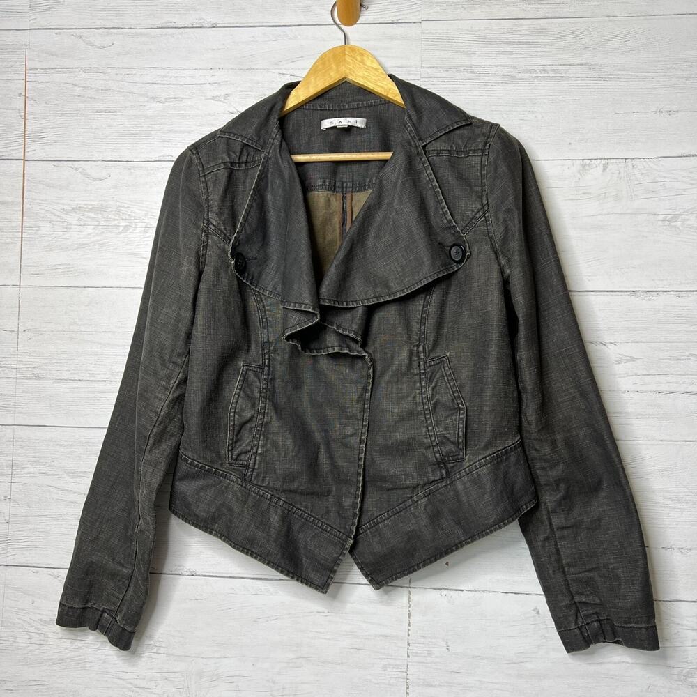 Cabi Jacket Womens Size Medium Black Faded Waxed 100% Linen Cropped Ruffle